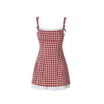 Uena American retro contrasting plaid fake two-piece suspender skirt A-line waist dress ສໍາລັບແມ່ຍິງ