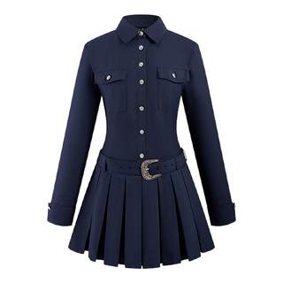 A21宝蓝气质连衣裙翻领长袖修身百褶A字裙修身显瘦时尚长袖连衣裙