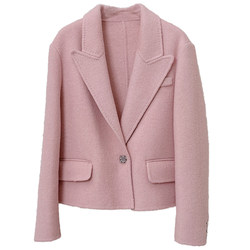 ເສື້ອຢືດ cashmere ສອງຂ້າງຊຸດສັ້ນຂອງຜູ້ຍິງ 2023 ລະດູໃບໄມ້ຫຼົ່ນສີຂາວ-ຄໍເສື້ອ temperament suit collar single button woolen jacket