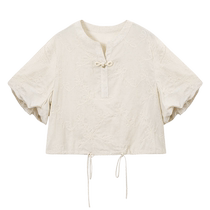 SUSHE new Chinese style floral embroidery decorated off-shoulder double-layer bud sleeve short top and small shirt for women summer