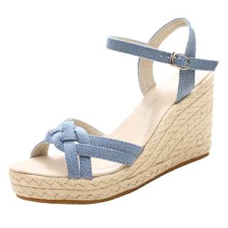 2025夏季新款 夏日小清新牛仔细带麻底坡跟防水台女鞋草编凉鞋