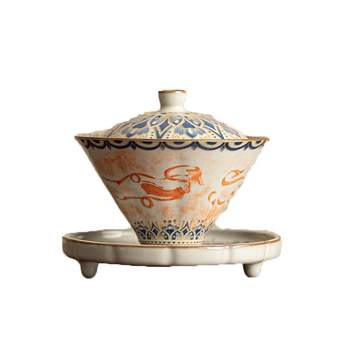 Ruyao Dunhuang Three-Piece Lidded Bowl, Single High-End Ceramic Tea Bowl with Lid, Non-Hot Tea Cup, Kung Fu Tea Set