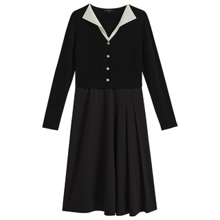 YINER音儿2025春季新款法式优雅撞色翻领假两件收腰小A字连衣裙