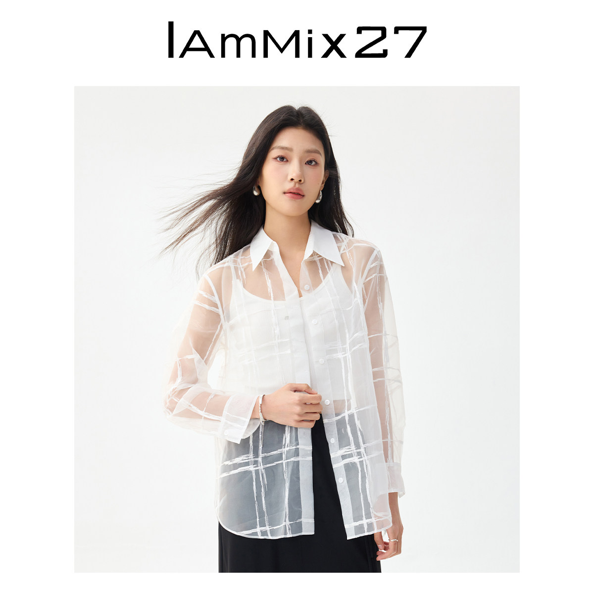 IAmMIX27 Summer Long-Sleeved Shirt for Women, Loose Fit, Thin, Slightly Sheer, Simple Large Check Sequin Collar White Shirt