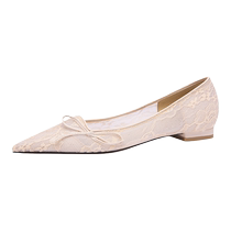 Lily Wei French lace wedding shoes bridal shoes bow single shoes gentle shallow mouth flat shoes large size 41-43