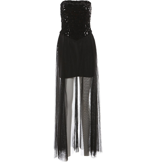 WEIRD PUSS 辣妹风时髦设计感网纱拼接抹胸连衣裙百搭黑色长裙女