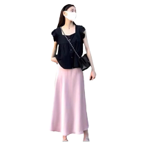 Maternity Summer Suit 2024 New Sleeveless Loose Babydoll Top Pink Belly Support Skirt Two-piece Set