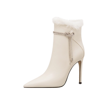 Lily Wei Spring New Style Beige Pointed High Heel Short Boots Genuine Leather French Style Slim Boots Large Size 41-43