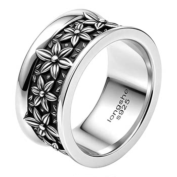 S925 silver vintage flower carving wide ring