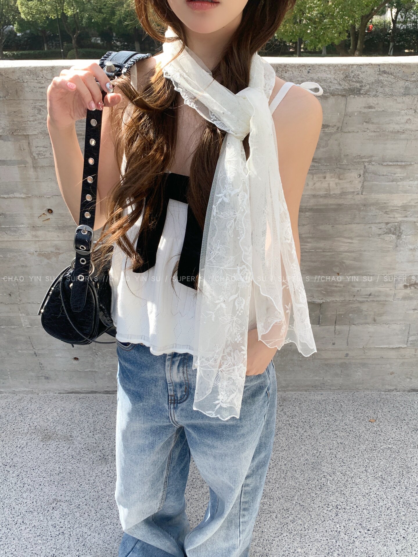 Korean style lace pearl embroidered silk scarf for women, new spring/summer style, long neck tie, thin ribbon, accessory.