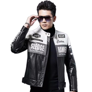 Genuine embroidered first layer cowhide stand collar men's leather jacket