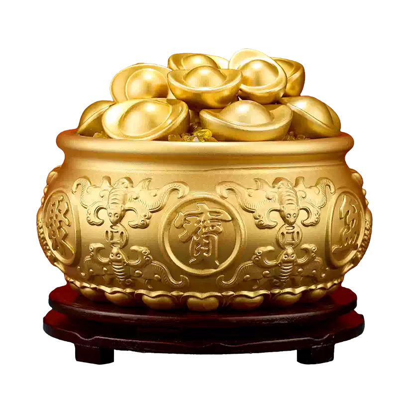 純黃銅聚寶盆擺件新款招財聚財實心銅缸元寶財神位辦公室八方來財-淘寶
