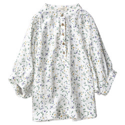 Summer retro floral top, artistic stand-up collar shirt, pure cotton, double-layer cotton yarn three-quarter sleeve shirt for women