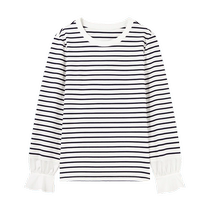 Осенняя вода Иман Джейн о чёрно-белой полосатой круглой воротнички футболка женщина 2024 весна новая женская одежда случайная 100 круг длинный рукав блузка
