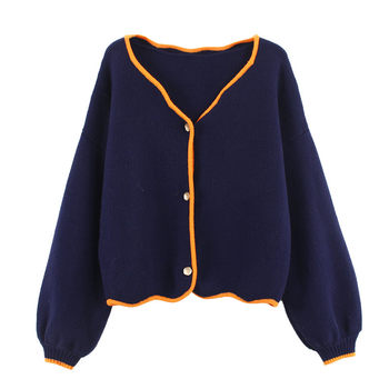 ຕົ້ນສະບັບງ່າຍດາຍ retro lantern sleeve V-neck knitted cardigan ສໍາລັບແມ່ຍິງວ່າງ slimming sweater jacket ສັ້ນດູໃບໄມ້ລົ່ນໃຫມ່