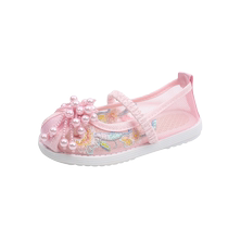 Girls cloth shoes summer antique style non-slip Hanfu shoes ethnic style beaded embroidery princess mesh shoes breathable mesh sandals
