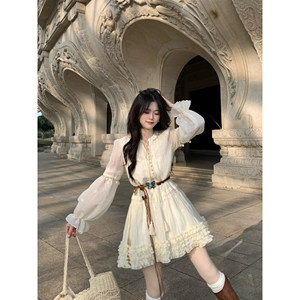 Blovelan吉普赛少女 异域波西米亚氛围感绝美多层花边连衣裙女秋