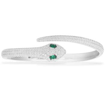 APM Monaco Green Eyed Snake Open Silver Bangle Bracelet ມອບຂອງຂວັນວັນເກີດທີ່ທັນສະໄໝ ແລະ ເປັນສ່ວນຕົວໃຫ້ກັບແຟນ