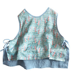 2022 Summer Clear Premium Printed Ramie Short Vest Top Lace-up Old Floral Pullover Women's Clothing