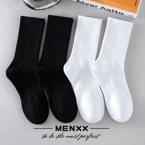 MENXX袜子男长筒袜女袜纯棉纱线夏季黑白纯色毛巾底中筒男士长袜