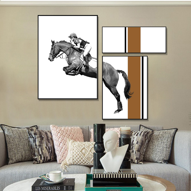  Nordic Riding Combined Living Room Decoration Painting Modern Minima Black & White Like Board Room Horse Mural Sofa Background Wall Hung