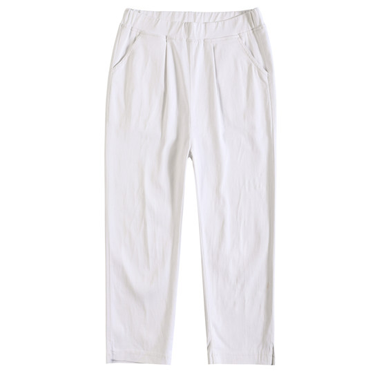 松紧腰弹力七分八分九分裤女夏季薄款白色宽松直筒大码休闲裤子女