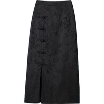 New Chinese style Chinese style buckle black skirt for women summer high waist slit mid-length high-end jacquard hip skirt