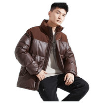 Tangshi 2023 autumn and winter new pu leather cotton coat mens spliced stand-up collar bread coat thickened coat jacket trendy brand