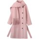 Long belted wool double-sided denim coat with stand collar