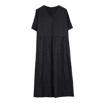 Black jacquard texture wide V-neck short-sleeved dress for middle-aged and elderly mothers with temperament summer skirt to cover the belly