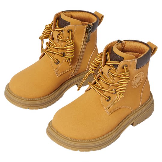 工装风｜斯纳菲女童马丁靴秋冬款户外黄色加绒小女孩公主保暖短靴