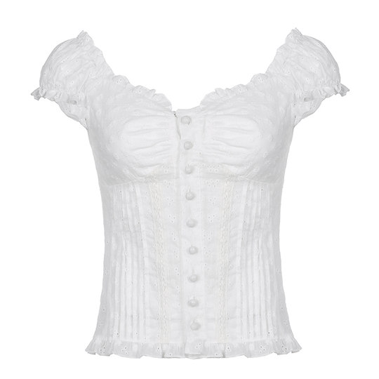 AOMR法式宫廷复古勾花镂空泡泡袖T恤女V领排扣修身显瘦纯欲上衣潮