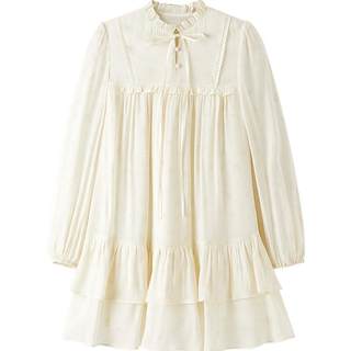 Leding flower dark pattern long-sleeved babydoll dress spring new loose a version shirt dress sweet romantic little white dress