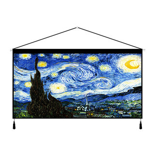 梵高星空装饰画横版布艺挂画绿色麦田丰收油画卧室客厅背景布挂布
