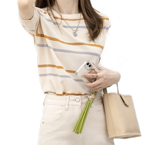 2024 summer womens French striped thin retro style loose lazy round neck sweater short-sleeved top