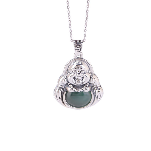 Shan Yutang S999 Pure Silver Blue Water Jade Retro National Style Maitreya Buddha Egg Face Pendant Coin Lotus Buddha Pendant