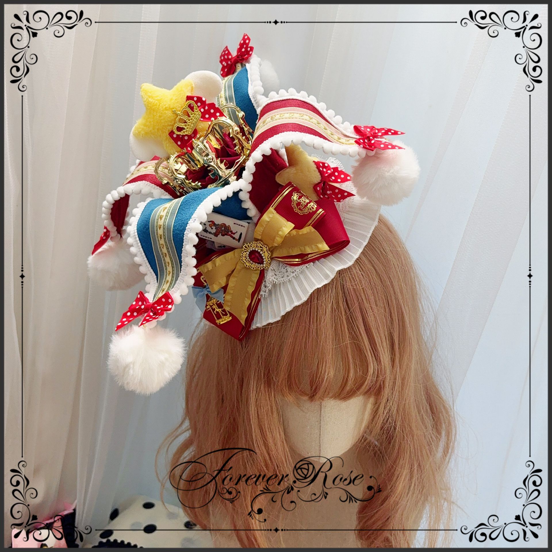 Original handmade circus fairytale opening with clown hat Lolita red and blue headdress