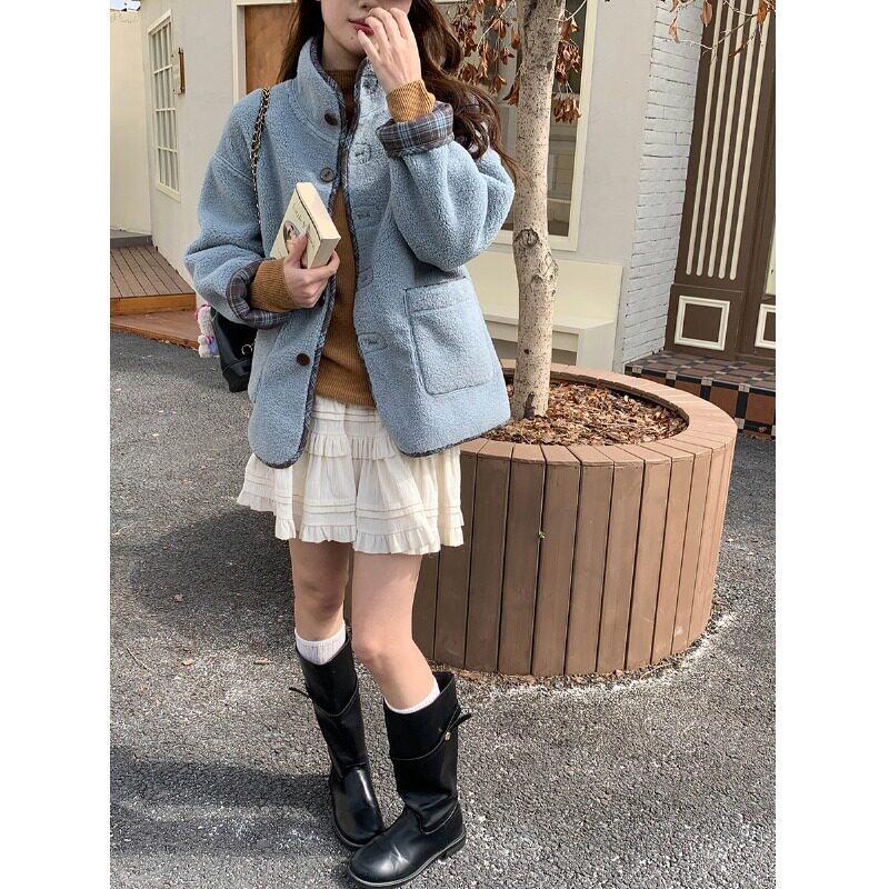 เสื้อโค้ทกันหนาวผ้าวูลเทียมลายสก็อตแบบปะต่อ สไตล์เกาหลี ใส่กลับด้านได้ คอลเลกชันใหม่ฤดูใบไม้ร่วงและฤดูหนาว สำหรับผู้หญิง ดีไซน์หนา แนวเรโทร