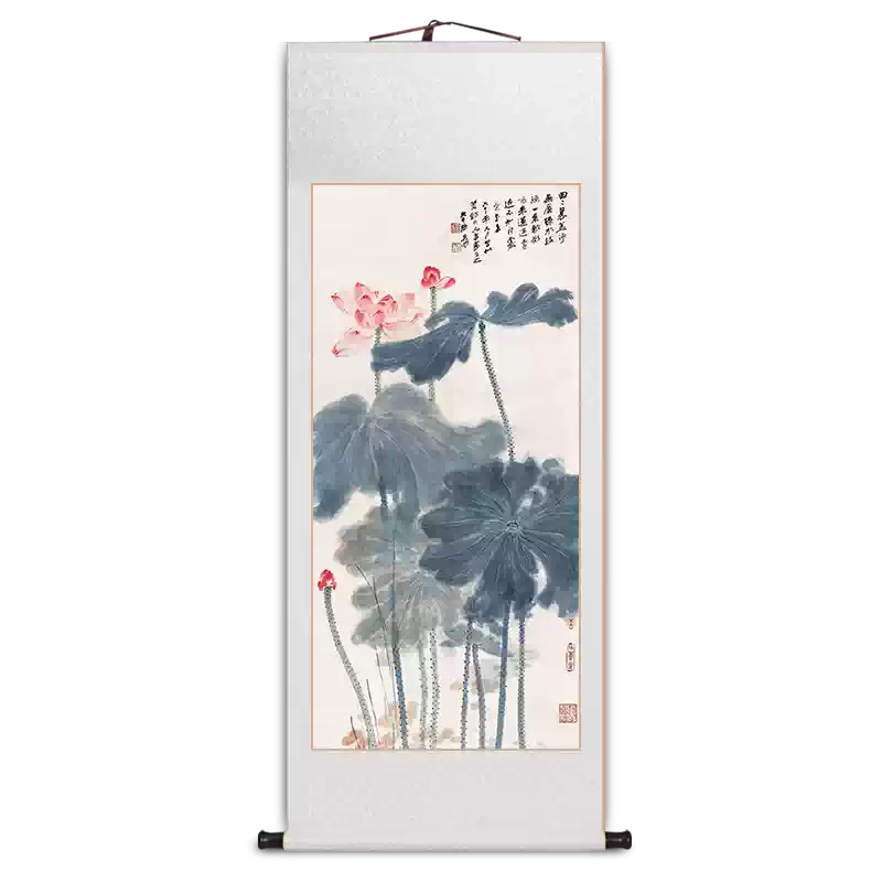 张大千水墨荷花卷轴挂画书房茶室玄关国画中式仿古花鸟客厅装饰画