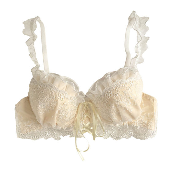 Japanese girl embroidered lace underwear set Small breasts gathered flat breasts, non -empty cupless steel rim bras