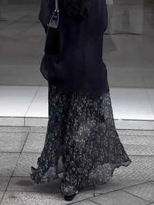 黑色雪纺碎花高腰半身裙女夏秋大码胖mm高级感显瘦垂感a字长款裙