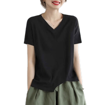 Black V-neck T-shirt womens short-sleeved summer new loose casual cotton T-shirt literary retro sweetheart neck top