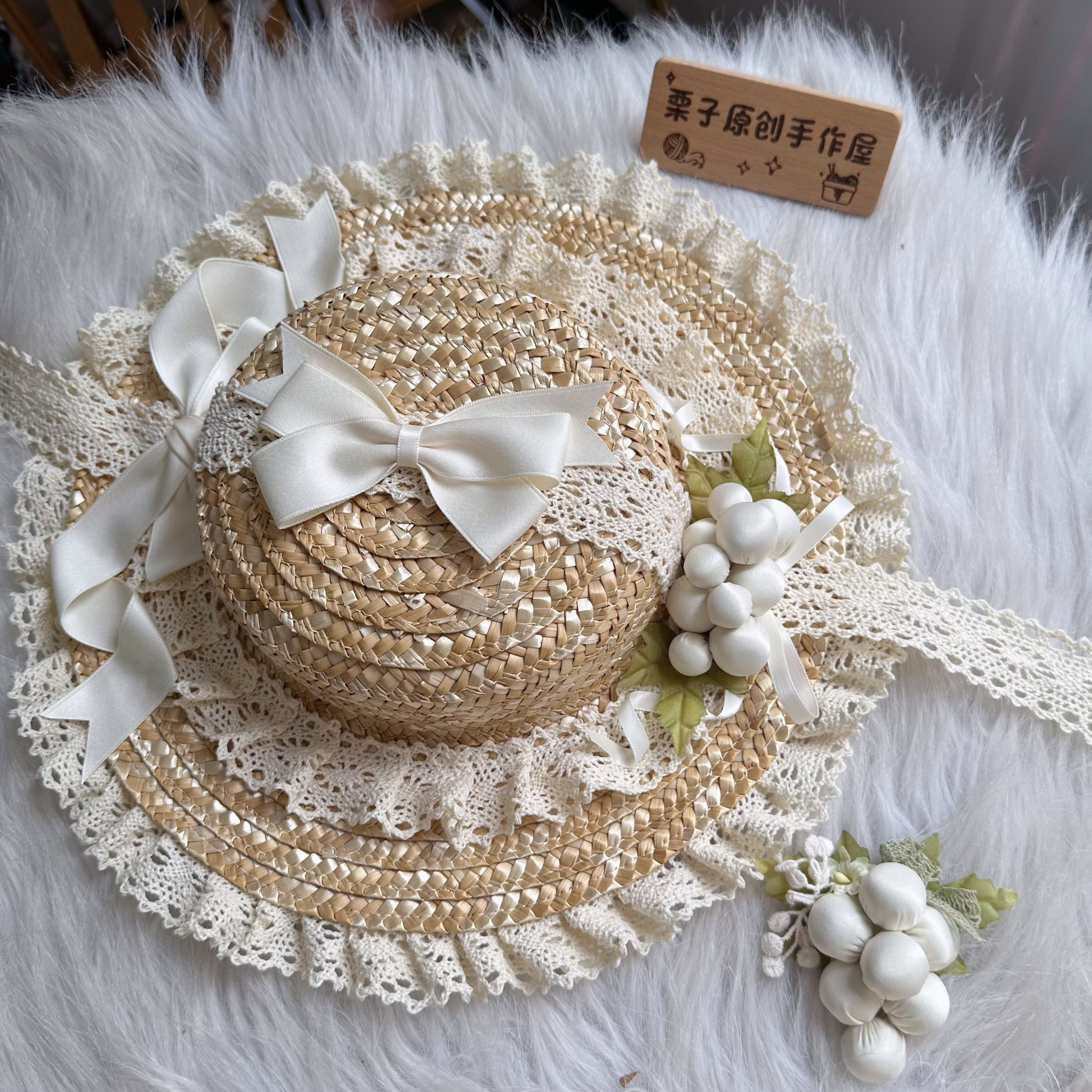 Original, handmade Lolita-style Loire vineyard straw hat, handcrafted flat hat
