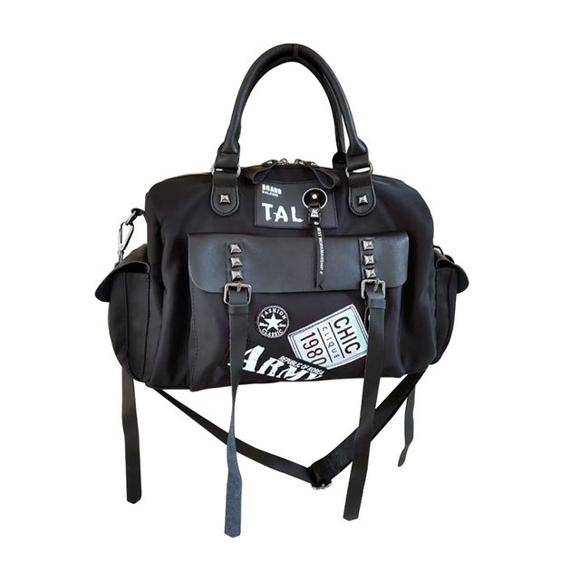 Trendy women's bag nylon with leather personality multi-pocket rivets