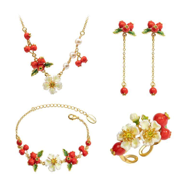 Juicy Grape enamel flower fruit necklace red berry earrings women's bracelet ring set birthday gift