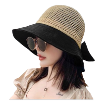 Spring and summer new style versatile fisherman hat womens knitted hollow color-blocked bow sun hat sun protection straw hat trendy