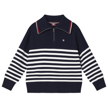 FILA ເສື້ອເຊີດແມ່ຍິງຢ່າງເປັນທາງການ 2024 ພາກຮຽນ spring ຮູບແບບໃຫມ່ຄົນອັບເດດ: ສະດວກສະບາຍສະດວກສະບາຍ striped sweater lapel ຂະຫນາດໃຫຍ່