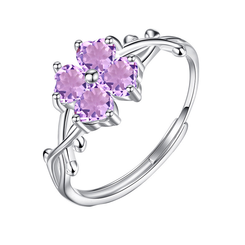Natural amethyst sterling silver four leaf clover ring