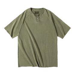 Madden workwear American retro distressed Henry collar stretch slim ແຂນສັ້ນ khaki American tough guy ເສື້ອທີເຊີດຜູ້ຊາຍ summer