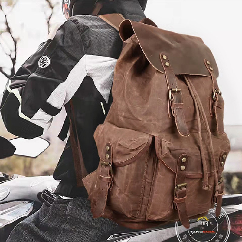 Pepper Salt Vintage Crazy Horse Leather Backpack Men's Travel Rider Backpack Women's Large Capacity Oil Waxed Canvas 2023 Schoolbag
